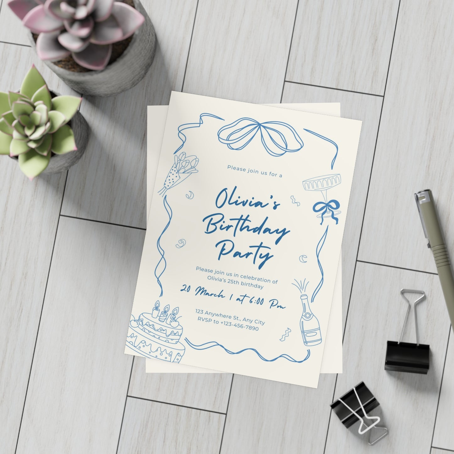 Chic Minimal Bow Cream Birthday Invitation