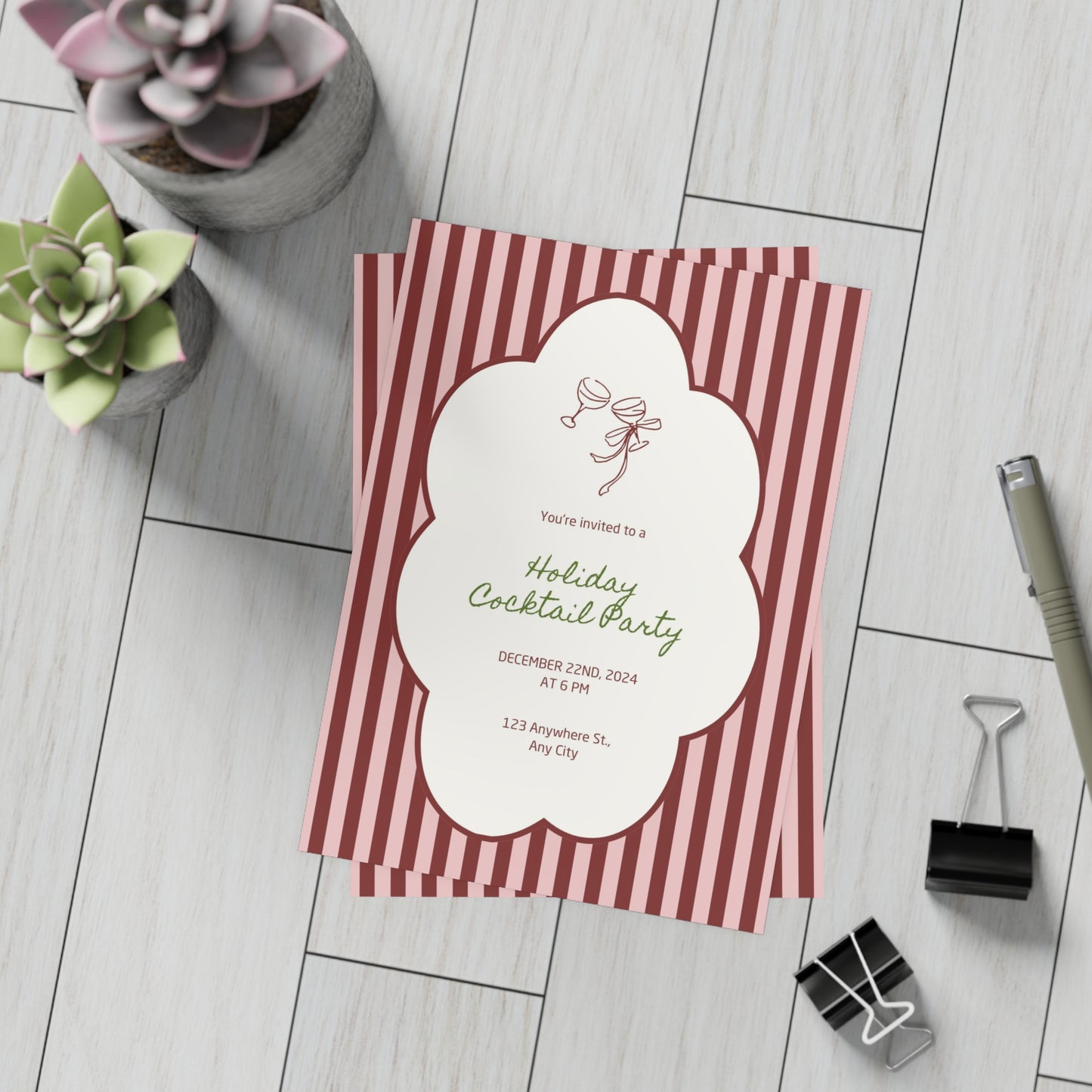 Striped Festive Christmas Cocktail Party Invitation