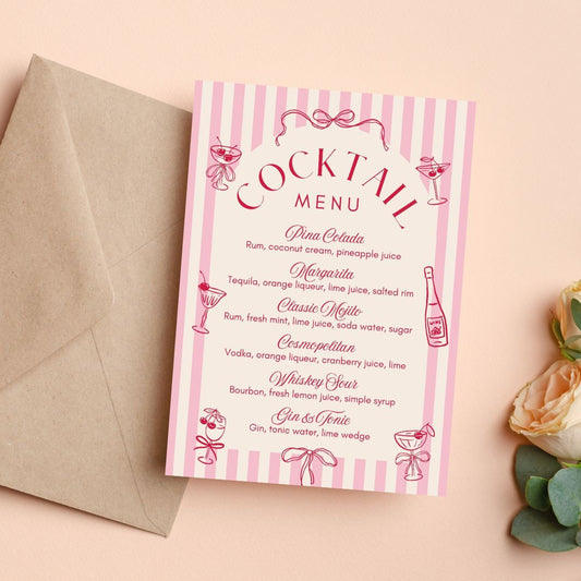 Pink Vintage Cocktail Menu Party Invitations