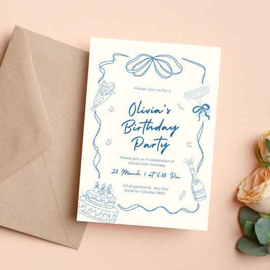 Chic Minimal Bow Cream Birthday Invitation