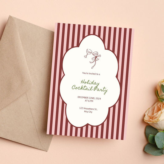 Striped Festive Christmas Cocktail Party Invitation